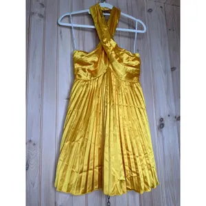 NWT Lulus Renlee Golden Yellow Halter Pleated Mini Dress Party Night Out Size S thumbnail 2