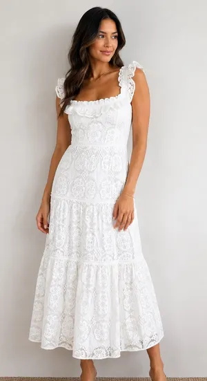 Meimeij White Lace Midi Dress Ruffle Size 6 thumbnail 1