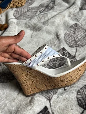 Liliana White Cork Wedge Thong Sandals with Stud Accents thumbnail 4
