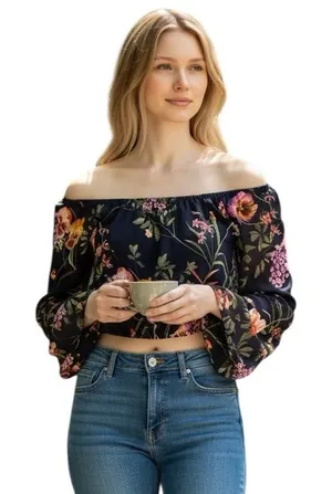 Astr The Label Off Shoulder Flounce Bell Sleeve Floral Black Boho Cropped Top Xs thumbnail 1