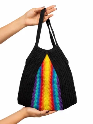 Vintage Rainbow Colorful Woven Shoulder Bag Black Bohemian Pride Hobo Tote thumbnail 4