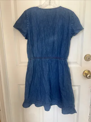 J. crew Merchantile Denim Chambray Faux Wrap Ruffle Hem Dress Size m thumbnail 4