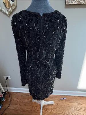 Vintage silk long sleeve black fully beaded dress gown cocktail party elegant thumbnail 5