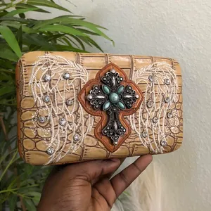 Western Boho Hippie Indie Tan cream western large beaded clutch bag purse wallet rhinestones angel wings dedazzled embellished silver tone Measurements in pics thumbnail 1
