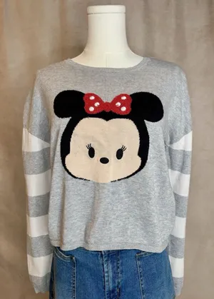 Disney Store Minnie Mouse Sweater M Gray Striped Sleeve Top thumbnail 1