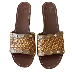 Tory Burch Joanie Straw Wedge Slides Tan‎ Studded 9.5 Boho thumbnail 2