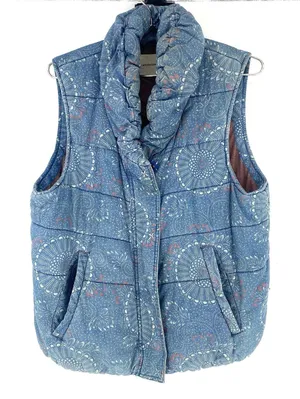 Anthro Pilcro Letterpress Blue Printed Cotton Puffer Vest Women’s Medium thumbnail 1