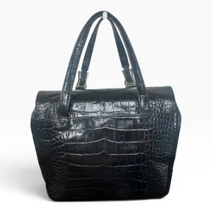 Gianni Versace Vintage Satchel Bag Womens Medium Black Crocodile Leather Gold thumbnail 2