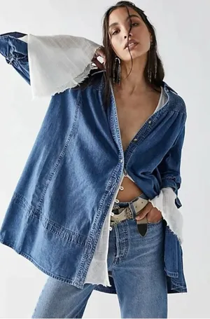 Free People Western Bohemian Vanessa Denim Tunic Top Shirt Dress Size Small thumbnail 1