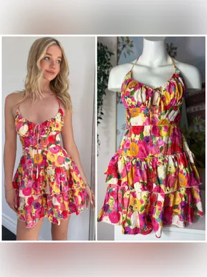Luxxel Pink Yellow Floral Tiered Ruffle Romper Open Back Lace Up Size Medium thumbnail 2