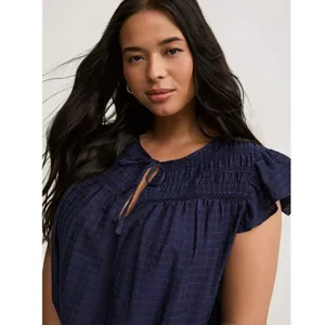 Torrid Smocked Yoke Top Size 4X Navy Blue Peplum Short Flutter Sleeves Cotton thumbnail 2