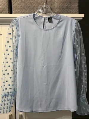 Women’s Light Blue Sheer Polka-Dot Sleeve Blouse Size S NWOT Chic Office Wedding thumbnail 5