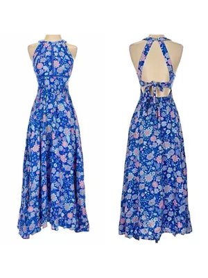 Abel the Label Bluebell Floral Halter Tie Back Full Skirt Maxi Dress XSmall thumbnail 3