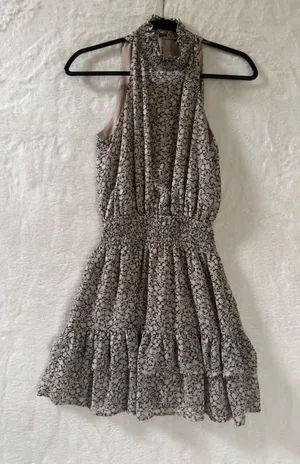 Olivia Grey Floral Smocked High Neck Mini Dress Tan Black Sleeveless‎ XS thumbnail 1