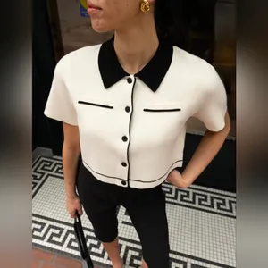 New Cropped Knit Contrast Trim Top Size XS thumbnail 2
