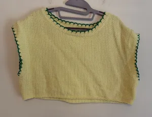 Idem Ditto M/L Cropped Knit Sweater Tank Top Yellow Green Scalloped Oversized‎ thumbnail 1