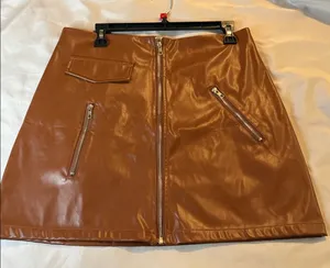 Brown Faux Leather Mini Skirt with Zipper Details thumbnail 1