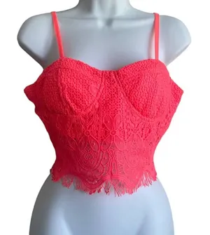 Y2K Women Coquette Festival Lace Crop Top‎ Corset L Neon Orange Smocked Bustier thumbnail 1