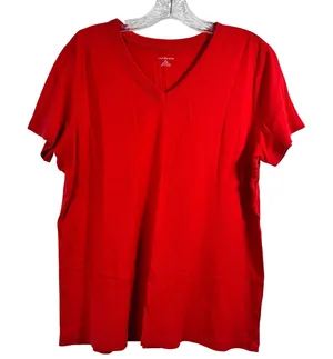 Lands End Red V-Neck Short Sleeve‎ 100% Cotton T-Shirt Womens XL 18-20 thumbnail 1