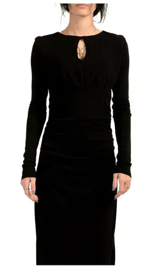 BOSS Edenl Midi Dress‎ Womens XS Black Keyhole Ruched Long Sleeve Cocktail Chic thumbnail 1