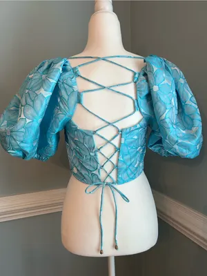 DO+BE Turquoise Blue Floral Puff Sleeve Crop Top medium thumbnail 2