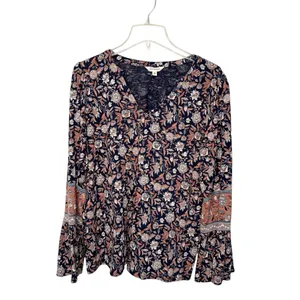 Lucky Brand Floral Bell Sleeve Boho Flowy Peasant Top Sz M thumbnail 1