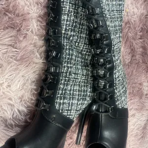 Black and white tweed knee high peep toe boots 7.5 thumbnail 5