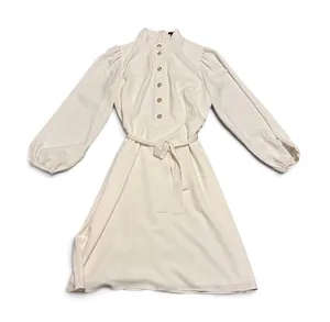 Ann Taylor Womens 12 Cream Crepe Mock Neck‎ Gold Button Belted Puff Sleeve Dress thumbnail 1