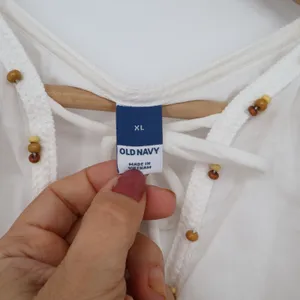 Old Navy Blouse Womens XL Boho Peasant White Beaded Puff Sleeve Excellent thumbnail 2