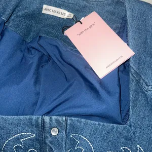 Avec Les Filles Western Embroidery Long Sleeve Straight Neck Denim Mini Dress thumbnail 13