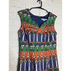 Boden‎ Sheath Dress Womens 6L Blue Green Orange Excellent Geometric Cotton WH664 thumbnail 3