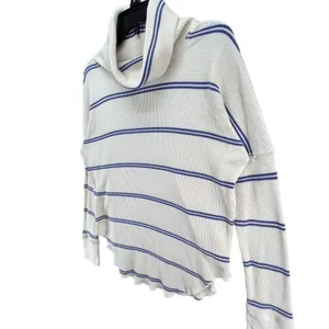 Babaton Waffle Knit Thermal Sweater Womens S Cream Blue Striped Quiet Luxury thumbnail 2