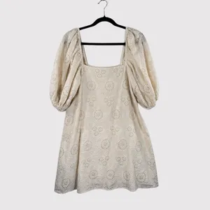 Jen's Pirate Booty Womens Dress Beige Mini Eyelet Puffed Babydoll A Line Small thumbnail 2