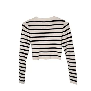 Zara Black And Ivory Striped Crop Knit Top Sz M thumbnail 2