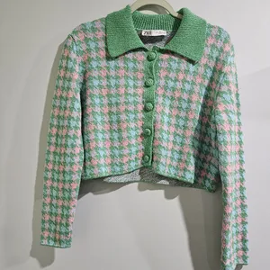 Zara Green‎ Pink Houndstooth Cropped Knit Cardigan Polo Collar Button Front M thumbnail 8