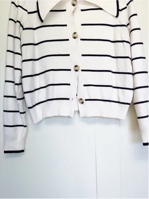 BY DESIGN Striped Button Collared Cardigan White Black Medium thumbnail 3