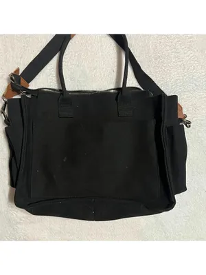 ZHMO Black Canvas Tote Bag with Brown Trim and Crossbody Strap thumbnail 4