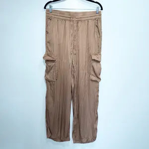 Aerie Champagne Tan Satin Elastic Waist Pull On Wide Leg Cargo Pants Size Medium thumbnail 2