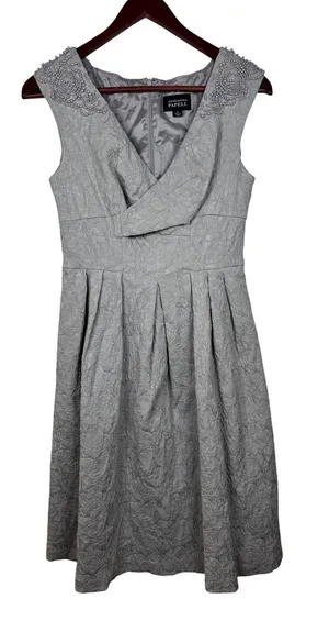 Adrianna Papell Cocktail Dress Womens 6 Silver Beaded Pearl‎ Floral Textured thumbnail 1