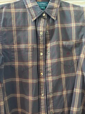 Lauren Ralph Lauren Brown Plaid Casual Snap Front Shirt Petite Small thumbnail 3