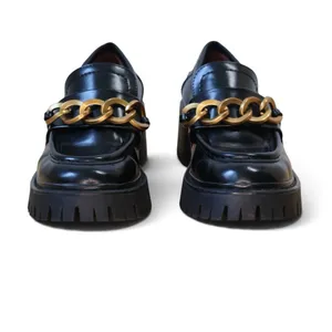 Zara Platform Penny Loafers Black Chunky Academia Vegan Leather Gold Chain 36 thumbnail 7