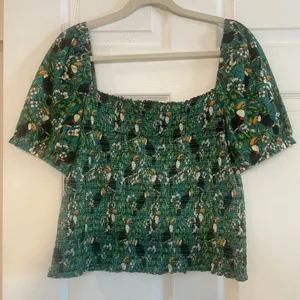 Dolan x Anthropologie Green Left Coast Smocked Puff Sleeved Top Tropical Bird XL thumbnail 1