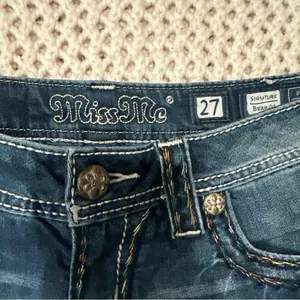 Miss Me Women Cut Off Shorts sz 27 Blue Denim Bling Distressed used to be long thumbnail 2