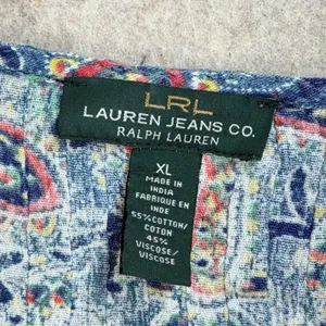 Lauren Ralph Lauren Blue Paisley Henley Blouse XL‎ 3/4 Sleeve Cotton Viscose Top thumbnail 2