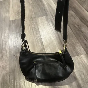 Anthropologie Black Faux Leather Hobo Bag with Metallic Hardware thumbnail 6