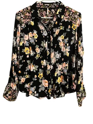 Free People Hold Onto Me Floral Button‎ Down Top Size Medium Black thumbnail 3