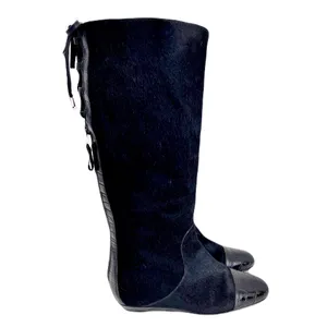 Migliorini Black Pony Hair Croc-Embossed Leather Corset-Back Boots, Size 7.5 thumbnail 2