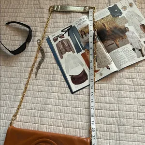 Tory Burch brown leather logo fold over gold chain rare crossbody bag​ thumbnail 15