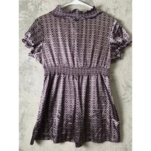 Vintage Y2K Purple Geometric Print Babydoll Top Smocked Waist Ruffle Trim Boho L thumbnail 4