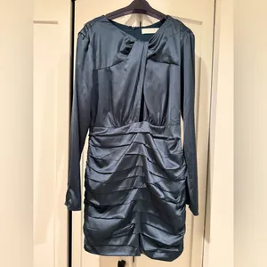 Astr Long Sleeve Satin Dress in Deep Blue thumbnail 3